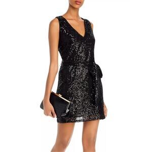 Black Sequined Sleeveless V-Neck Mini Sheath Cocktail Dress Size 12 by AQUA